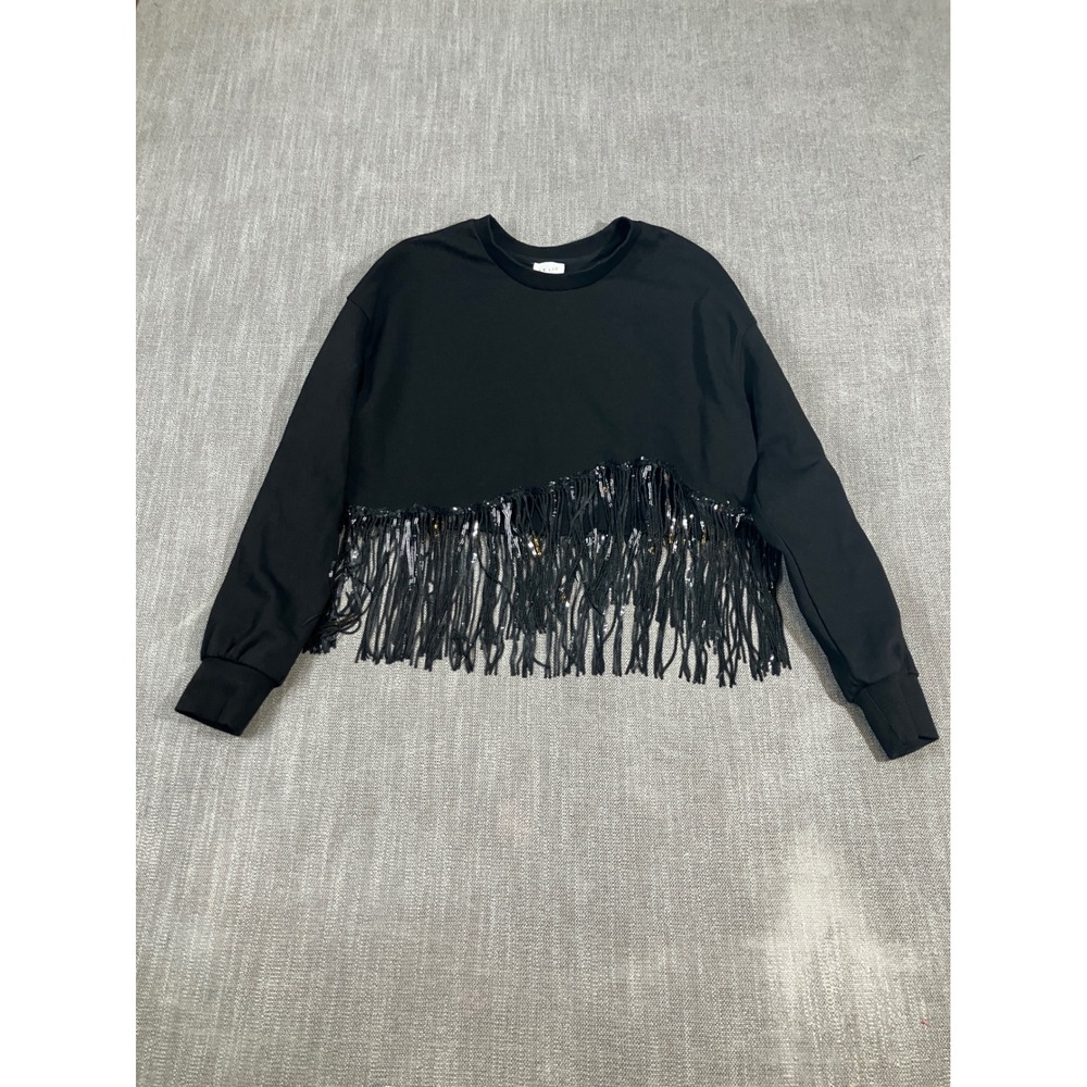 Le Lis Collection Black Sequin Fringe Asymmetrical Sweatshirt Womens Small S
